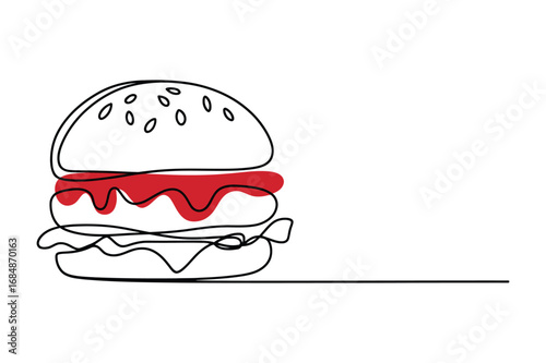 A continuous line art vector illustration of a hamburger with ketchup and sauce. This editable stroke artwork, drawn in a minimalist, single-line art style, is perfect for food blogs, restaurant menus