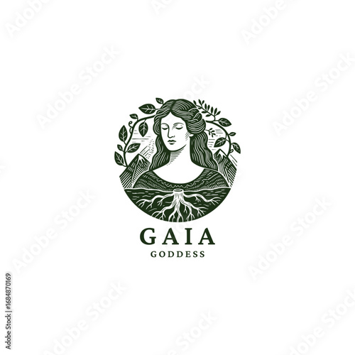 Engraving Gaia logo Earth Goddess symbolizing nature, fertility, and life vector template illustration