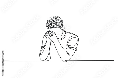 A continuous one-line art vector illustration of a person with their head in their hands, representing stress, depression, or sadness.