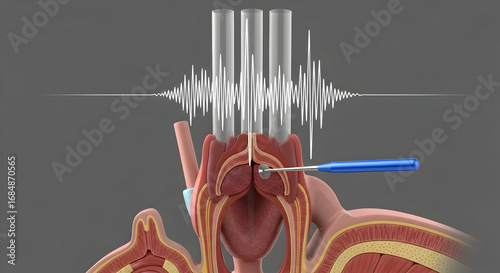Illustration of the mechanics of vocalization including the tongue, trachea, sound waves and an instrument being used inside the throat. Illustrates the mechanics of vocalization. Visible are the tong