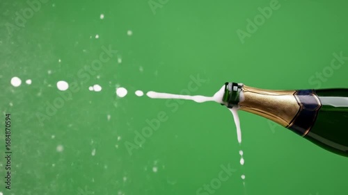 Champagne Celebration:  High-Resolution Footage of Sparkling Wine Bottle Pop,  Slow-Motion Spray,  Green Screen Background,  Perfect for Festive Events and Celebrations.