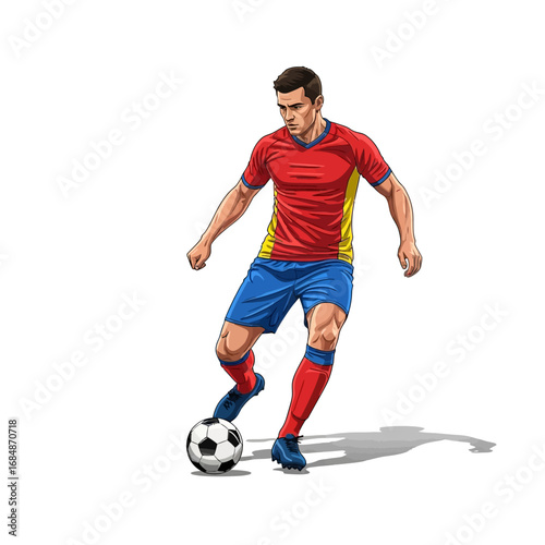 Dynamic soccer player skillfully dribbles ball on field, showcasing athletic prowess and competitive spirit