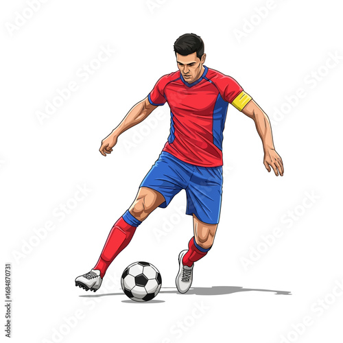 Dynamic soccer player skillfully dribbles ball on white background, capturing athletic action and competitive spirit