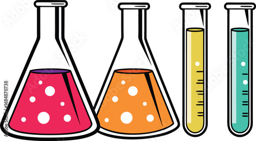 Laboratory flask and test tube illustration. Science glassware illustration design. Chemistry experiment test tube artwork. Medical research laboratory flask design. Education science flask and tube
