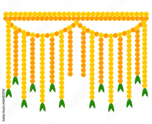 Traditional Indian marigold flower garland toran with mango leaves, festive floral hanging decoration for Hindu wedding, Diwali, Navratri, and temple celebration. Vector illustration