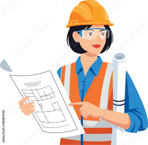 Female construction worker in safety gear examines architectural blueprints, holding a rolled-up plan.