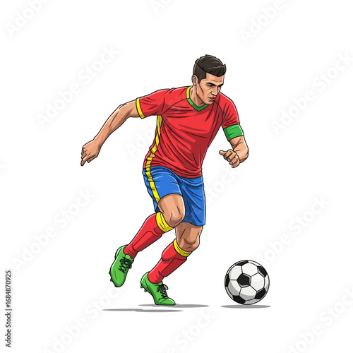 Dynamic soccer player skillfully dribbles ball during intense match, capturing athletic action and competitive spirit.