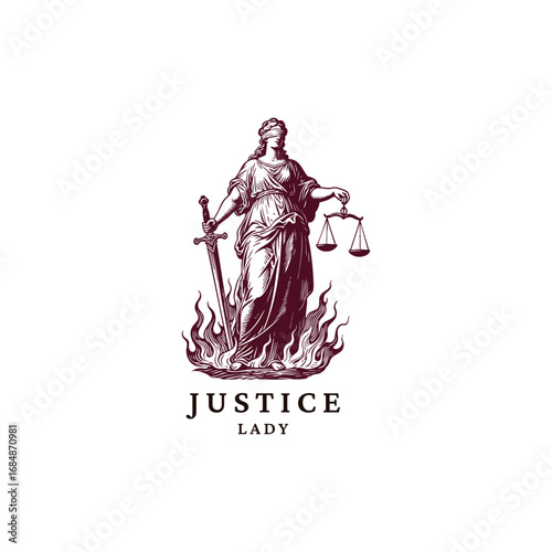 Engraved Lady Justice logo illustration, blindfolded woman with sword and scales, classical goddess of law and fairness
