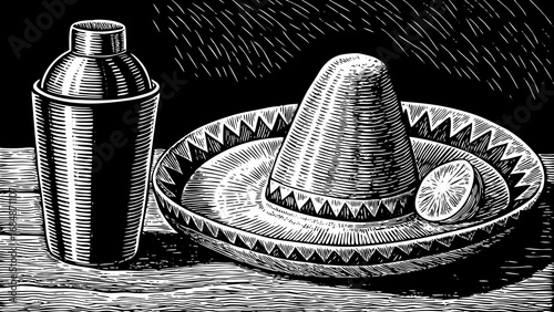 hand drawn margarita sketch set with hat and shaker black and white 