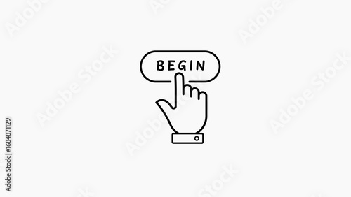 Hand Cursor Clicking on a Begin Button Icon with White Background finger