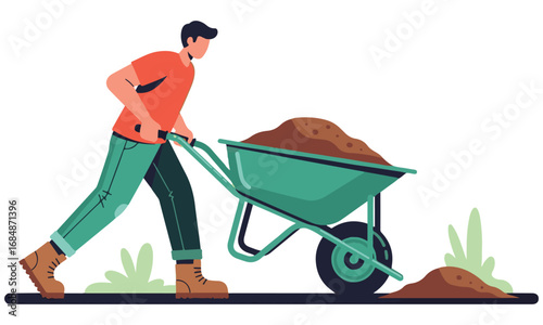 Man Pushing Wheelbarrow with Soil in a Garden Setting