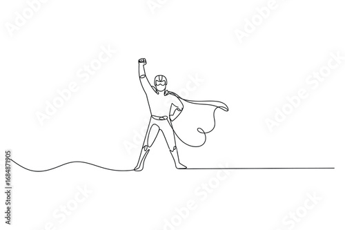 Continuous One Line Art of a Caped Crusader. Simple, Bold Vector Graphic Representing Power, Justice, and Victory. Minimalist Design with Editable Stroke.