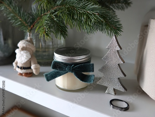 Minimalist Christmas Bookshelf with Shea Butter Balm and Onyx Ring 