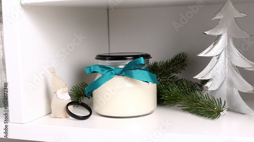 Minimalist Christmas Bookshelf with Shea Butter Balm and Onyx Ring 