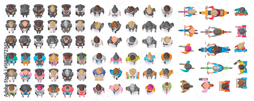 Top view of people of different genders and ages walking, standing, sitting on an armchair, riding a scooter, bicycle, skateboard, motorcycle. View from above. Aerial. Colourful set of vector