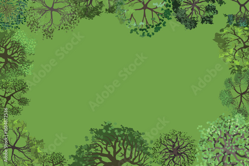 View of the forest clearing from above. Park. Top view of green grass surrounded by trees. Space for the text. Vector illustration. Aerial.