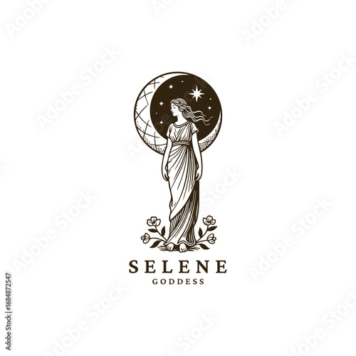 Engraving illustration of Selene, the Greek Moon Goddess vector template