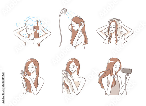ヘアケアするロングヘアの女性のイラストセット