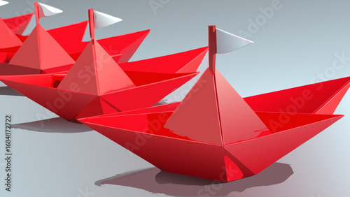 A fleet of red paper boats sailing in unison