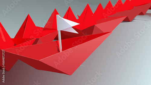 Red paper boats sailing in a line with a white flag leading