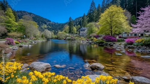 Serene Spring Landscape Majestic Mountains with Blooming Flowers, and Crystal Lake in Sunlight.