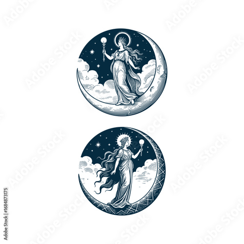 Engraving illustration of Selene, the Greek Moon Goddess vector template