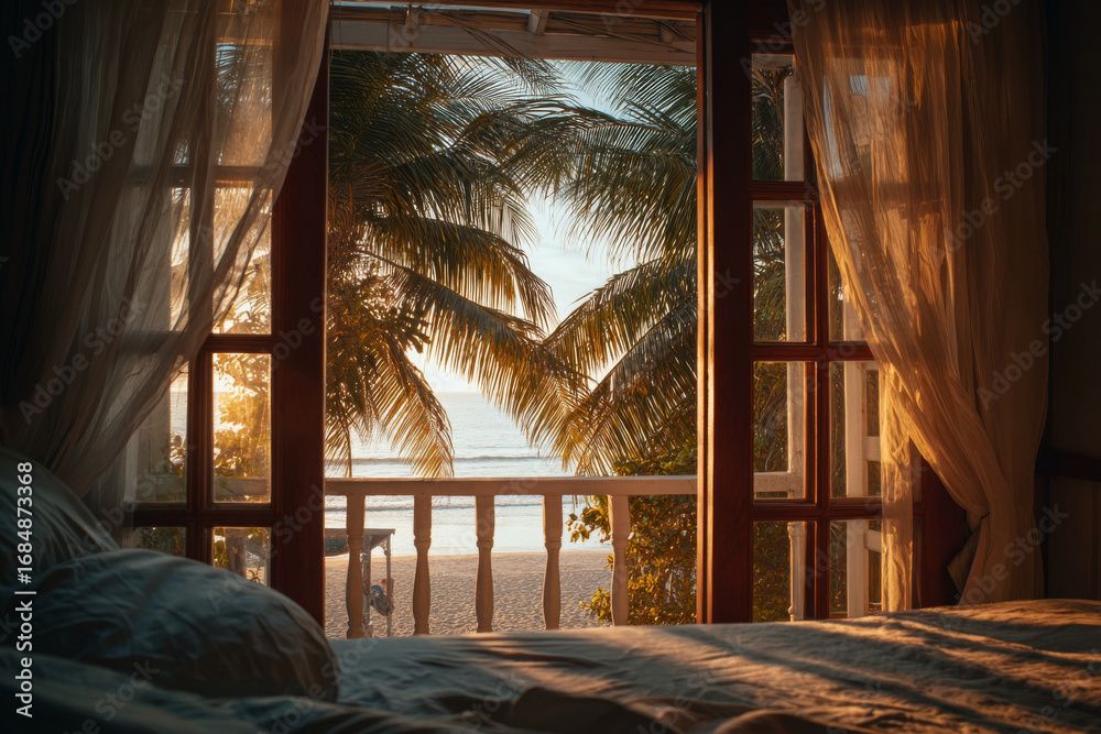 Fototapeta premium Peaceful bedroom view offers tranquil tropical beach scene with warm sunlight