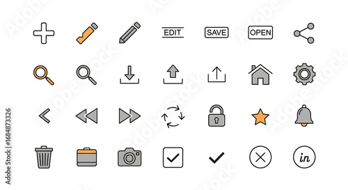 Collection of simple, outlined icons representing various computer functions and actions.