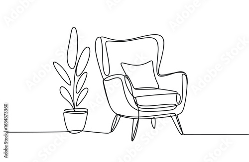Continuous One-Line Vector Drawing of a chair with flower