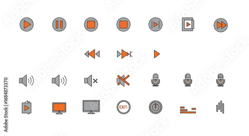 A collection of various orange and gray multimedia control icons displayed against a white background.