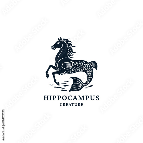 Engraving style logo of a mythical hippocampus, featuring a detailed horse body with flowing mane and a fish tail