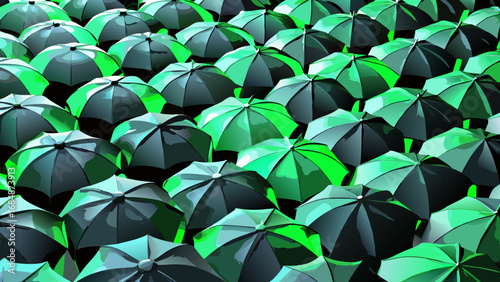 A multitude of open green and black umbrellas creating a vibrant pattern