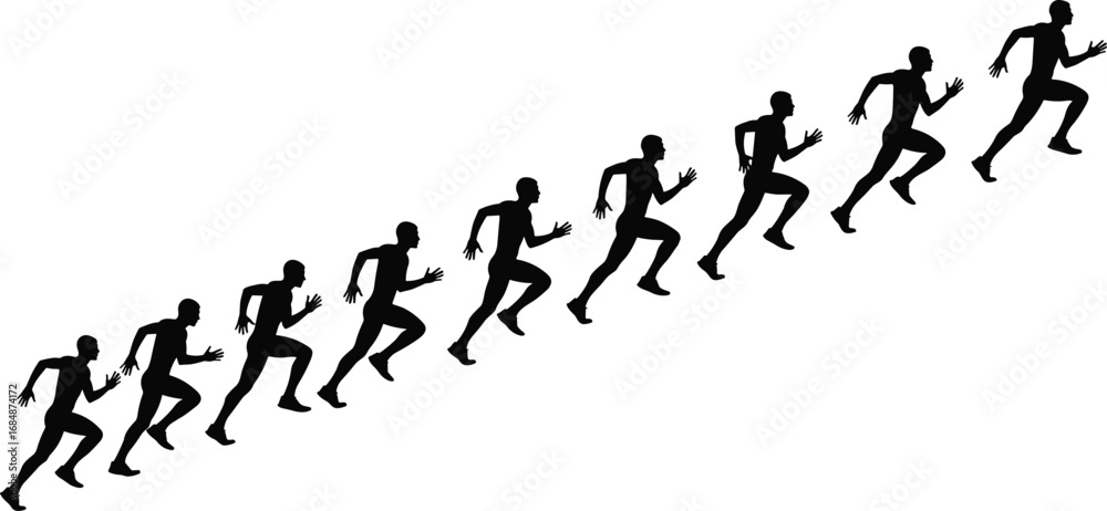 Naklejka premium Running silhouette vector illustration, athletic motion sequence, human movement pose, dynamic sports figure, fitness action graphic, diagonal runner composition,