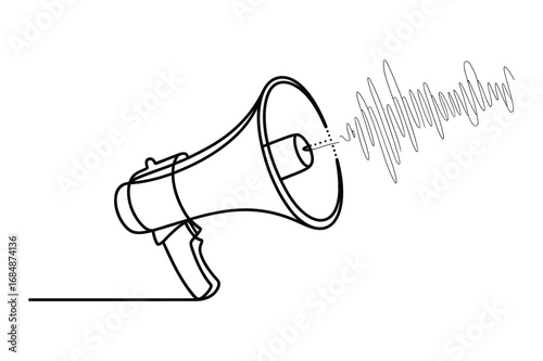 Continuous One-Line Vector Drawing of a Megaphone with Sound Waves. Editable Stroke.