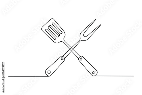 Continuous One-Line Vector Drawing of Crossed Forks and Knives. Editable Stroke.
