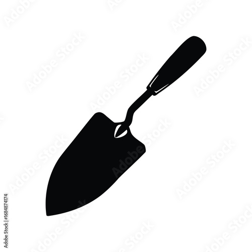 Black silhouette of a small hand trowel for gardening purposes isolated, garden trowel silhouette vector illustration