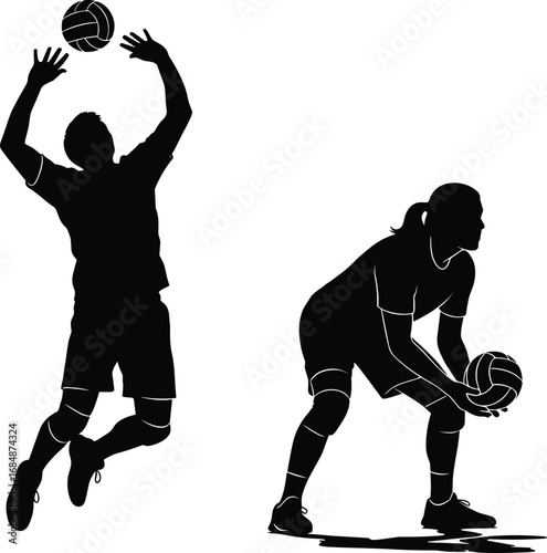 Volleyball player silhouette vector illustration, dynamic athletic pose, spiking and receiving action, male and female figures, sports graphic,