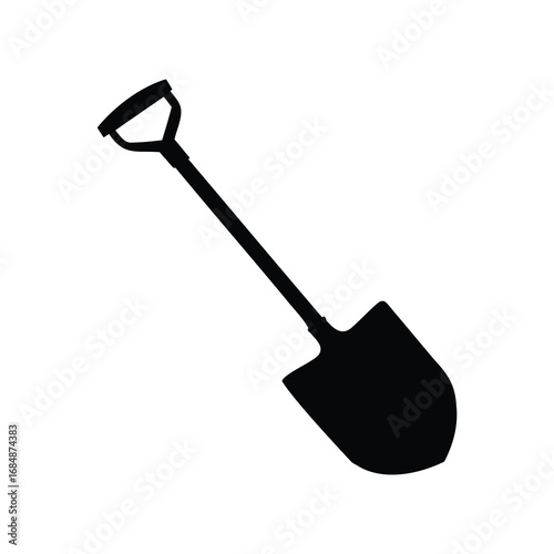 Black silhouette illustration of a gardening shovel with handle on a white background, manure shovel silhouette vector illustration