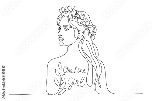 Continuous One-Line Vector Drawing of a Woman with a Flower Crown. Editable Stroke.