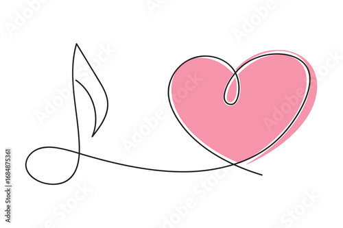 Continuous One-Line Vector Drawing of a Heart with a Musical Note. Editable Stroke.
