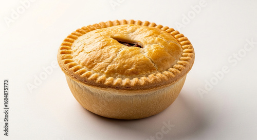 Close-up shot of a golden brown, freshly baked, savory meat pie on a white surface.