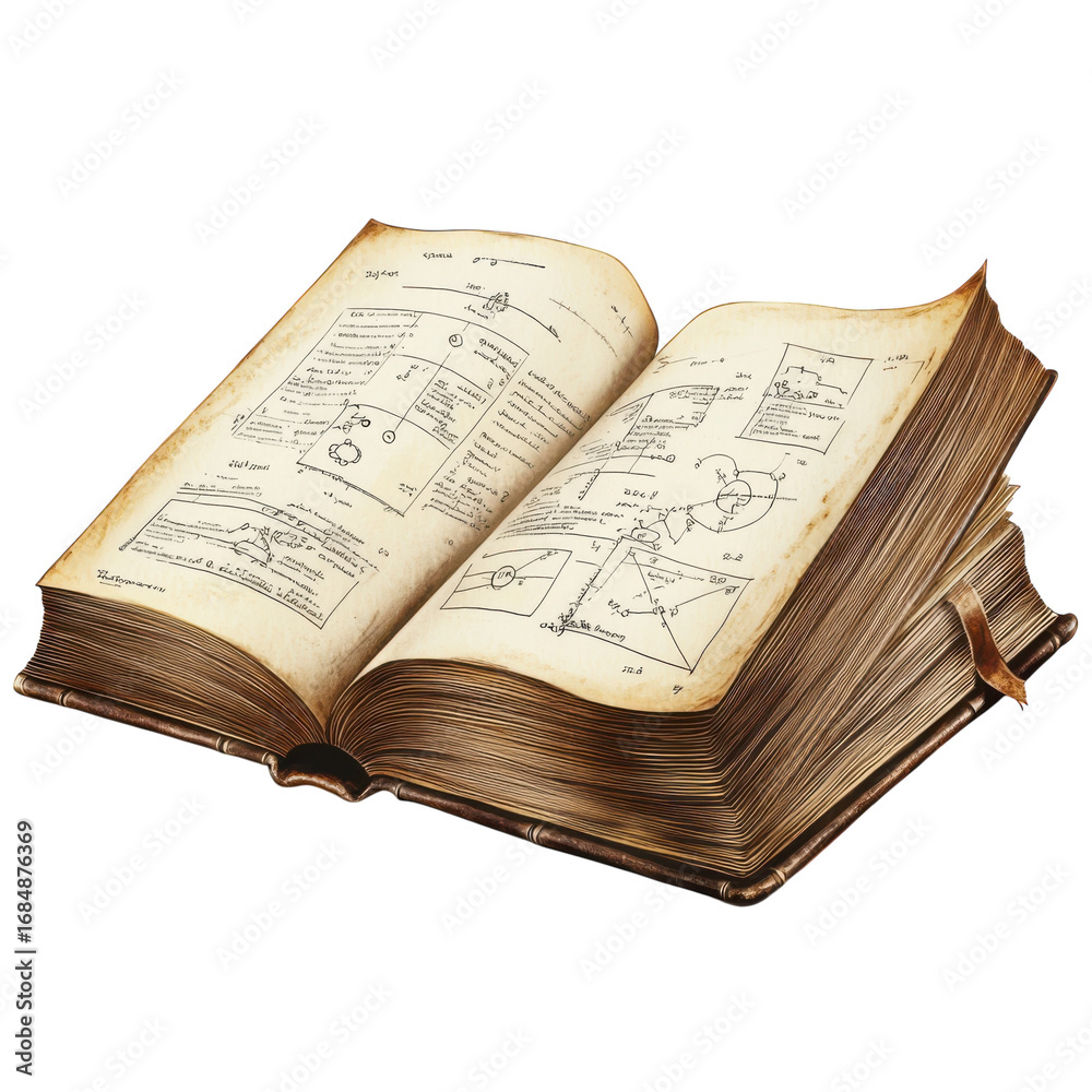 Obraz premium Open antique book with aged pages and printed diagrams illustration isolated on Transparent Background