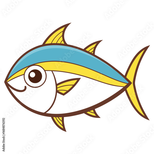 Vector art of cartoon tuna fish with yellow and blue fins isolated on white background