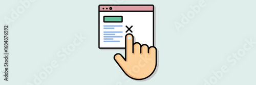 Hand cursor clicking close icon in popup window – Great for interface design, web usability, or digital interaction themes