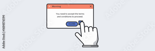 Vector illustration of gloved hand cursor closing warning popup – Perfect for website alerts, digital security, or UI/UX concepts