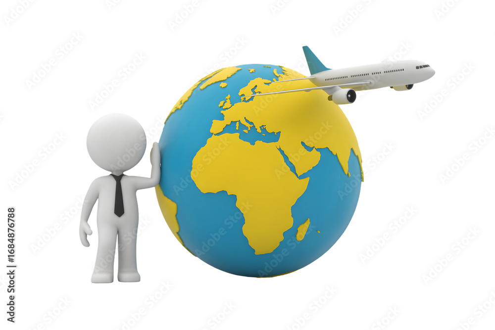 Fototapeta premium 3d business man with globe and airplane flying around the world isolated on transparent background