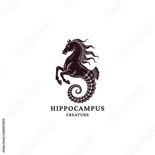 Engraving style logo of a mythical hippocampus, featuring a detailed horse body with flowing mane and a fish tail