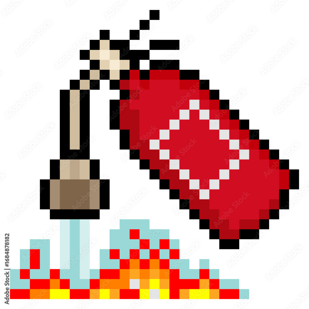 Fototapeta premium Fire extinguisher spraying fire in pixel art style