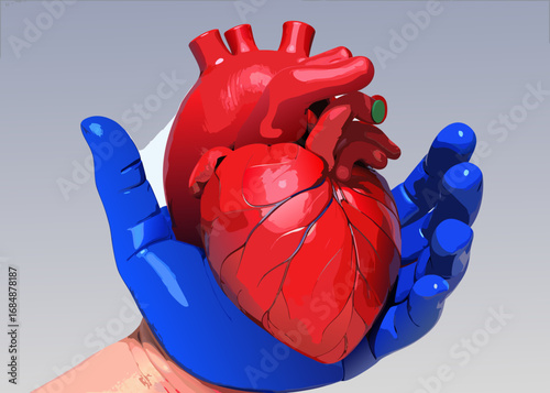 A human heart held carefully in blue gloved hands