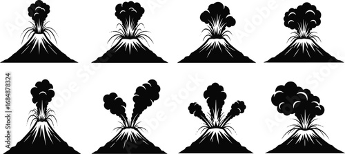 Volcano eruption silhouette, volcanic explosion vector, active volcano smoke, volcanic ash cloud, mountain eruption, natural disaster, volcanic activity illustration